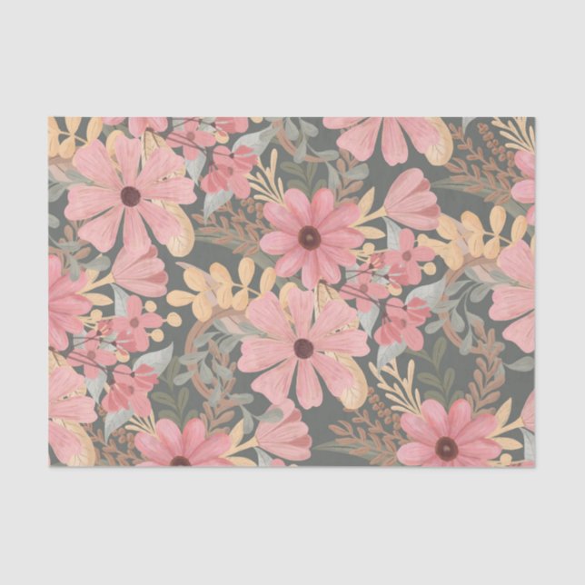 Pink Sage Green Flowers Leave Watercolor Pattern Tissue Paper (Front)