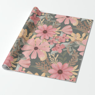 Pink Sage Green Flowers Leave Watercolor Pattern Wrapping Paper