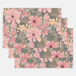 Pink Sage Green Flowers Leave Watercolor Pattern Wrapping Paper Sheet
