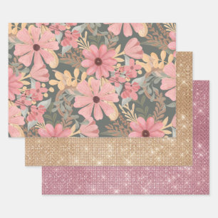 Pink Sage Green Flowers Leave Watercolor Pattern Wrapping Paper Sheet