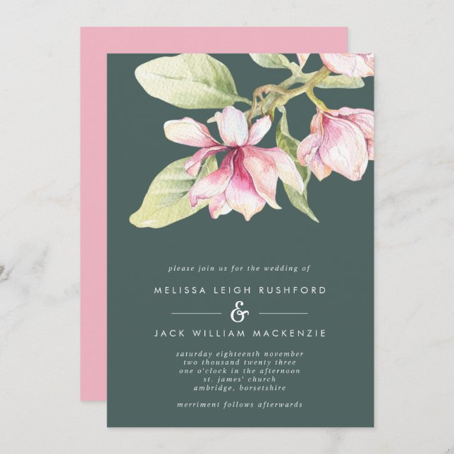 Pink & Sage Green Magnolia Wedding Invitation (Front/Back)