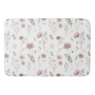 Pink Sage Green Watercolor Wildflower Bath Mat