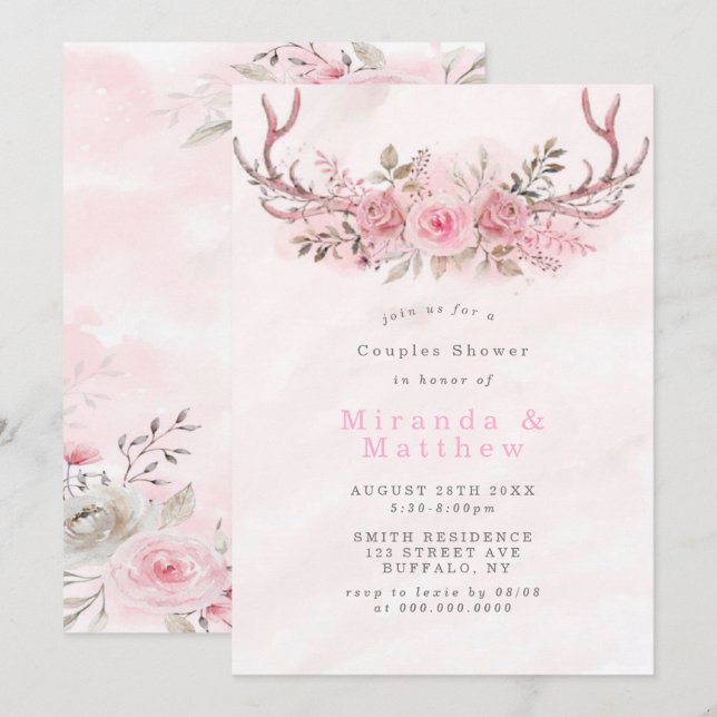 Pink Sage Peony Deer Antlers Couples Invitation de (Devant / Derrière)