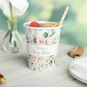 Pink  Sage Personalized Elegant Floral Baby Shower Paper Cups