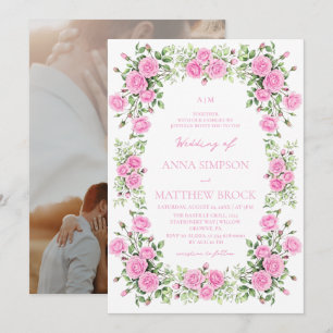 Pink & Sage Roses Elegant Floral Wedding Invitation