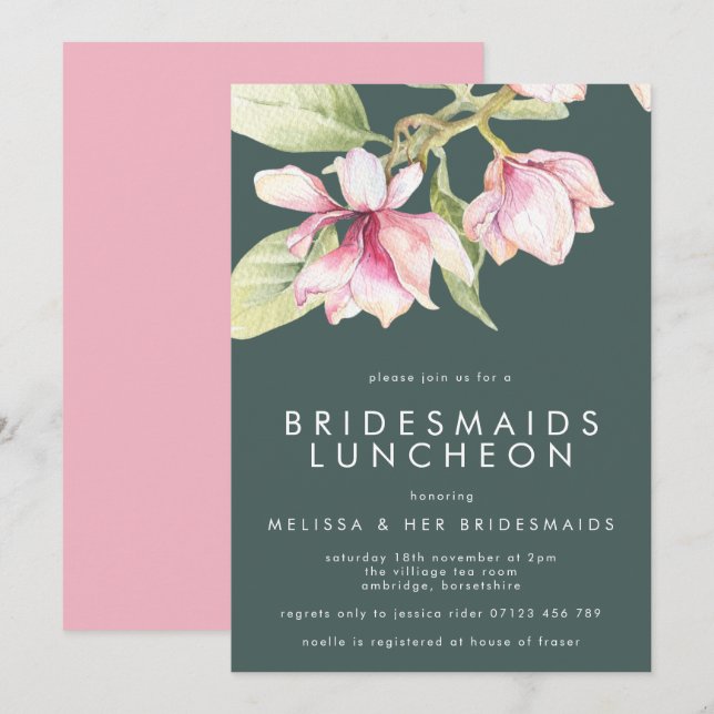 Pink & Sage Watercolor Floral Bridesmaids Luncheon Invitation (Front/Back)