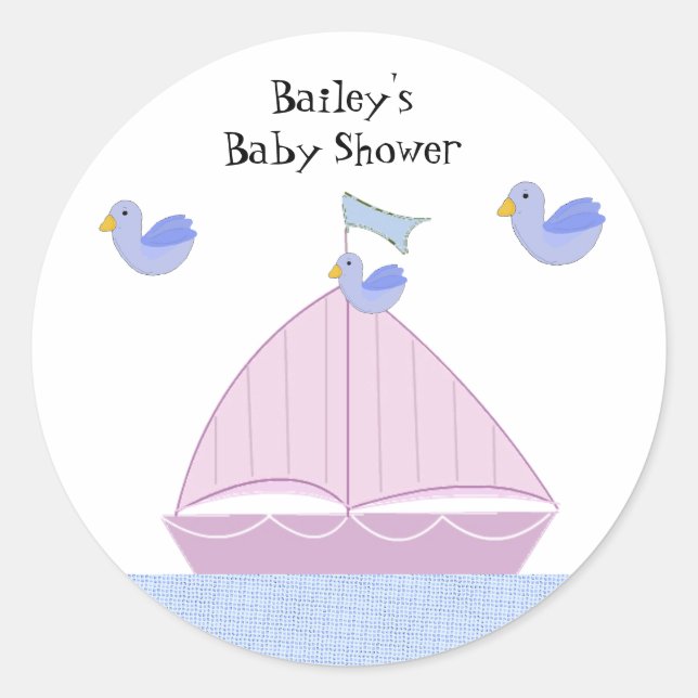 Pink Sailboat Personalized Baby Shower Classic Round Sticker (Front)
