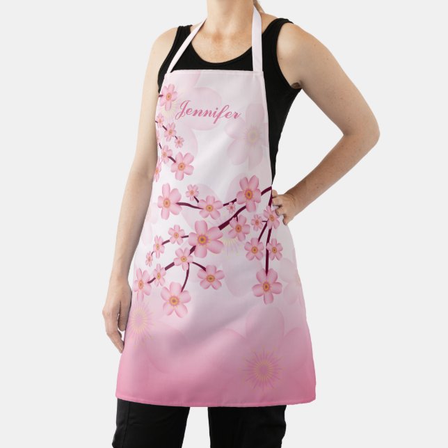 Pink Sakura Bloom Floral Branches & Custom Name Apron (Insitu)