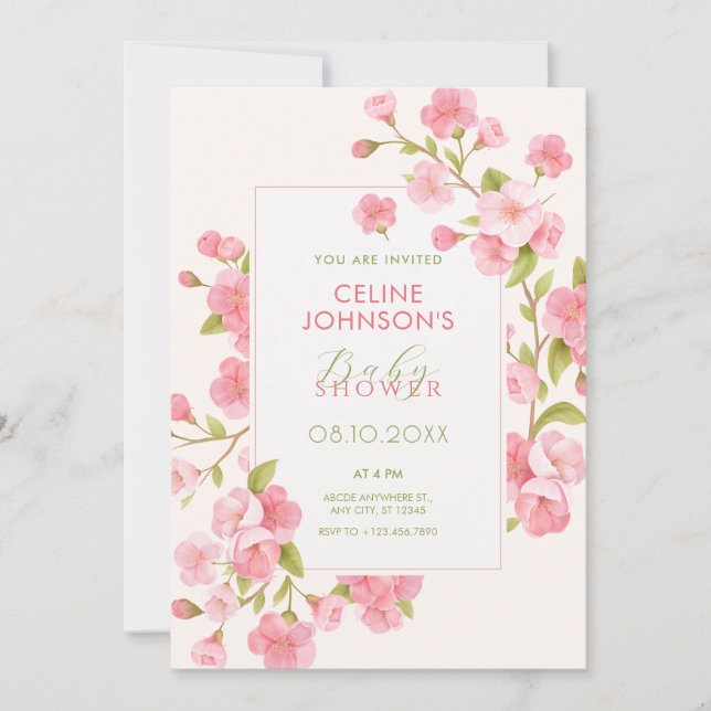 Pink sakura blossom flower bloom baby shower invitation (Front)