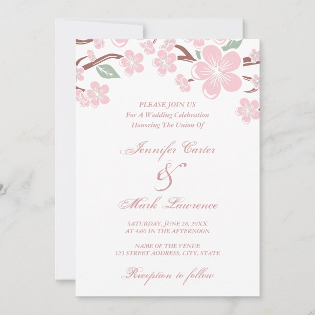 Pink Sakura Cherry Blossom Wedding Invitation (Front)