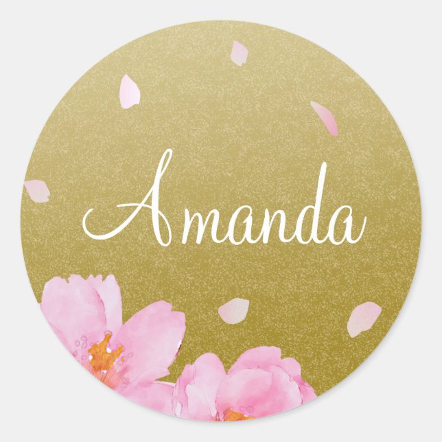 Pink Sakura Cherry Blossoms on Gold Custom Name Classic Round Sticker (Front)