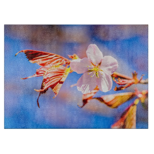 Pink Sakura Flower Blue Sky Cutting Board (Front)