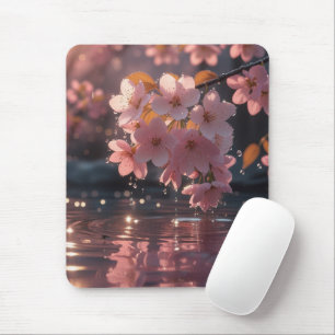 Pink Sakura Flowers Over Water   Serene Spring Nat Mouse Pad