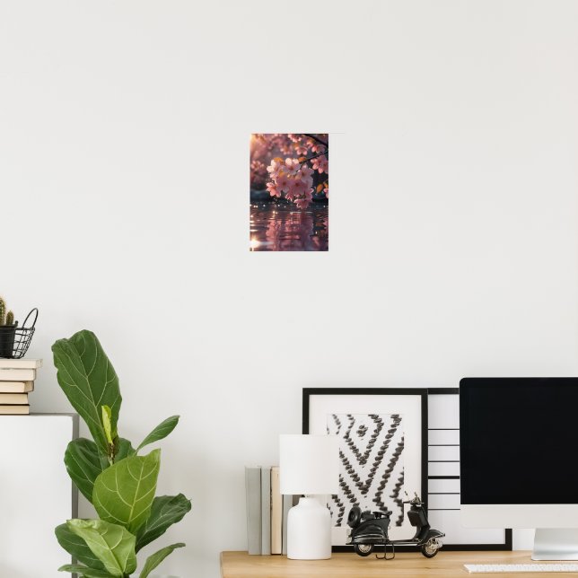 Pink Sakura Flowers Over Water | Serene Spring Nat Poster (Home Office)