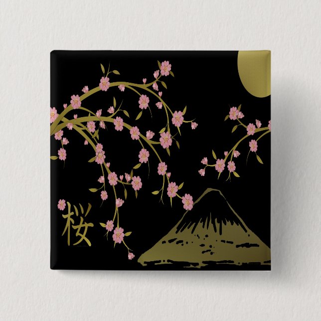 Pink Sakura Gold Black Japanese Screen 2 Inch Square Button (Front)