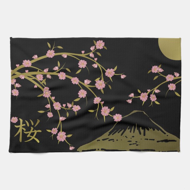 Pink Sakura Gold Black Japanese Screen Kitchen Towel (Horizontal)