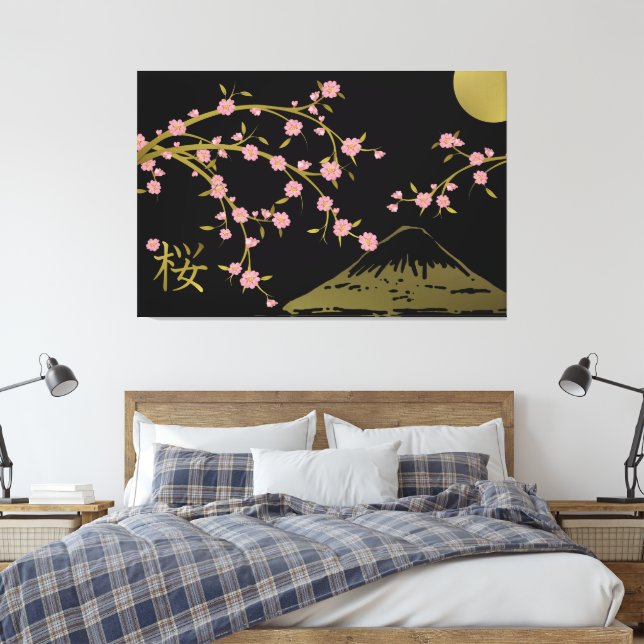 Pink Sakura Gold Black Japanese Screen Poster Canvas Print (Insitu(Bedroom))