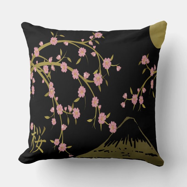 Pink Sakura Gold Black Japanese Screen Throw Pillow (Front)