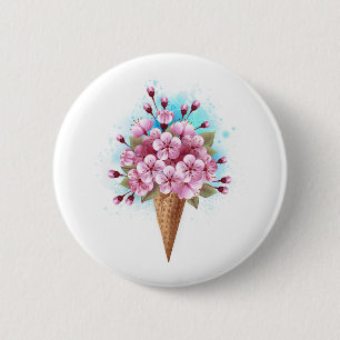 Pink Sakura Ice Cream Waffle Cone 2 Inch Round Button