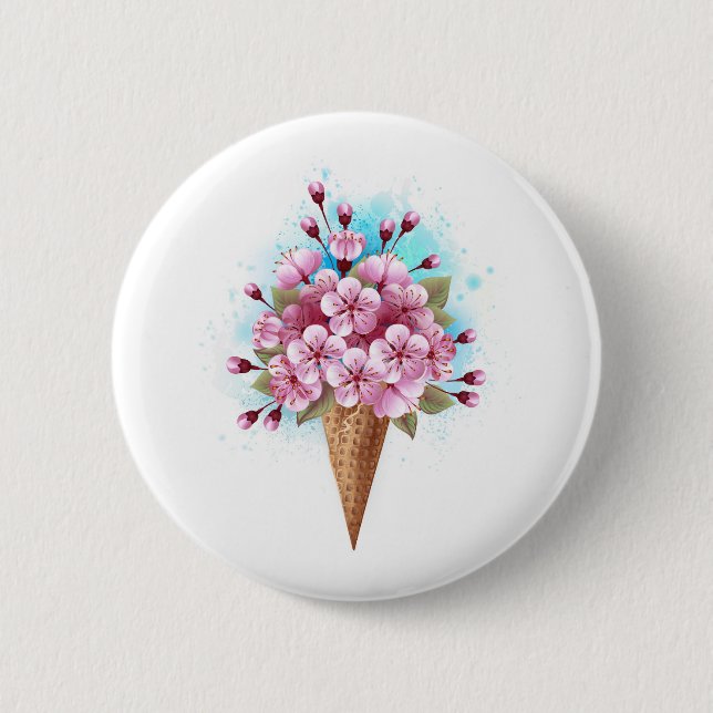Pink Sakura Ice Cream Waffle Cone 2 Inch Round Button (Front)