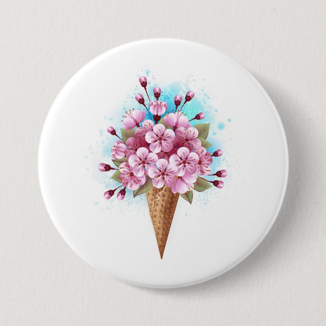 Pink Sakura Ice Cream Waffle Cone 3 Inch Round Button (Front)