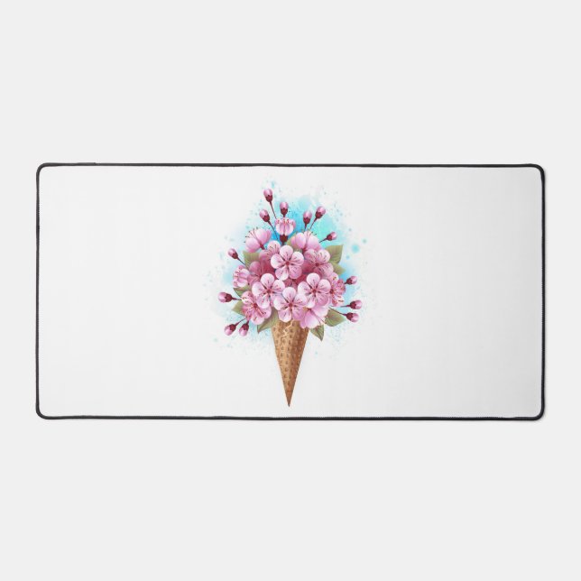 Pink Sakura Ice Cream Waffle Cone Desk Mat (Front)