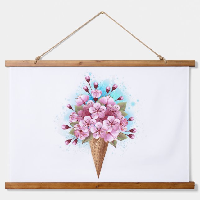 Pink Sakura Ice Cream Waffle Cone Hanging Tapestry (Front)