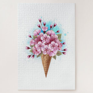 Pink Sakura Ice Cream Waffle Cone Jigsaw Puzzle