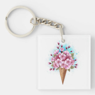 Pink Sakura Ice Cream Waffle Cone Keychain