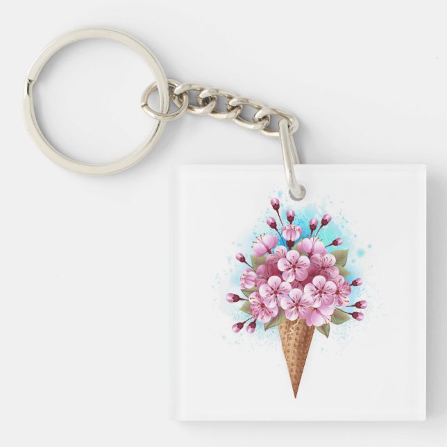 Pink Sakura Ice Cream Waffle Cone Keychain (Front)