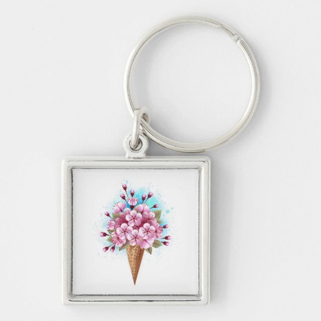 Pink Sakura Ice Cream Waffle Cone Keychain (Front)