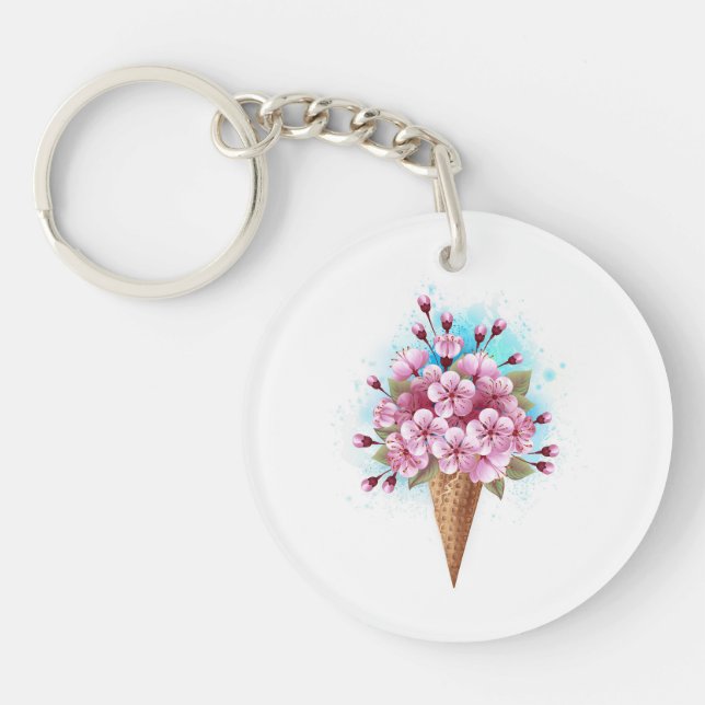 Pink Sakura Ice Cream Waffle Cone Keychain (Front)