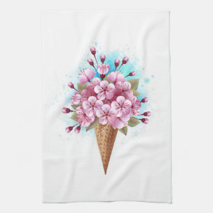 Pink Sakura Ice Cream Waffle Cone Kitchen Towel
