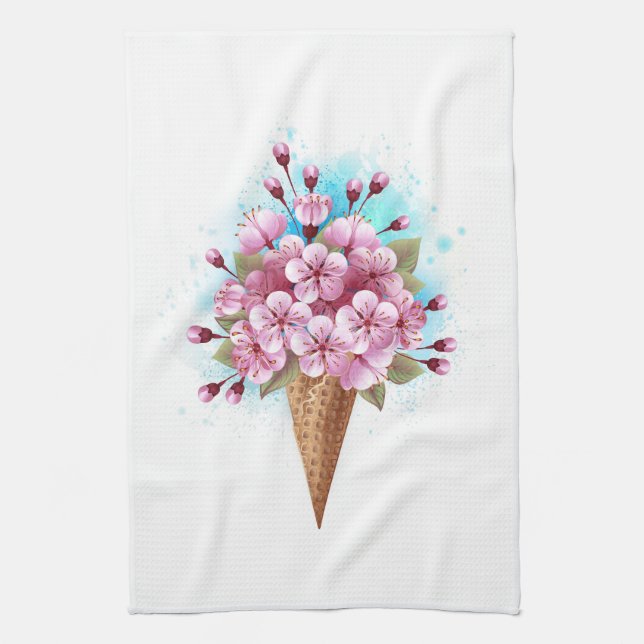 Pink Sakura Ice Cream Waffle Cone Kitchen Towel (Vertical)