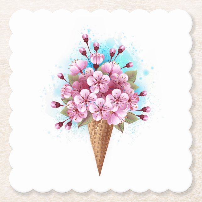 Pink Sakura Ice Cream Waffle Cone Paper Coaster (Front)