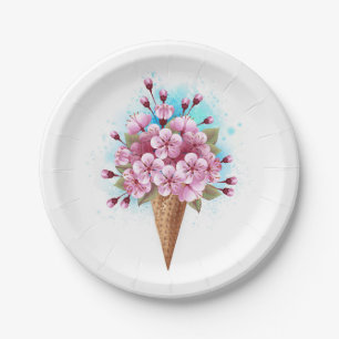 Pink Sakura Ice Cream Waffle Cone Paper Plate