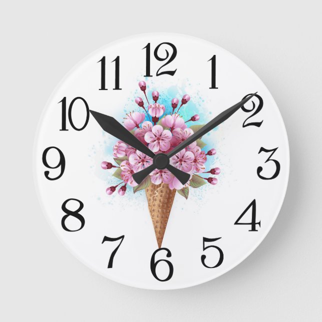 Pink Sakura Ice Cream Waffle Cone Round Clock (Front)