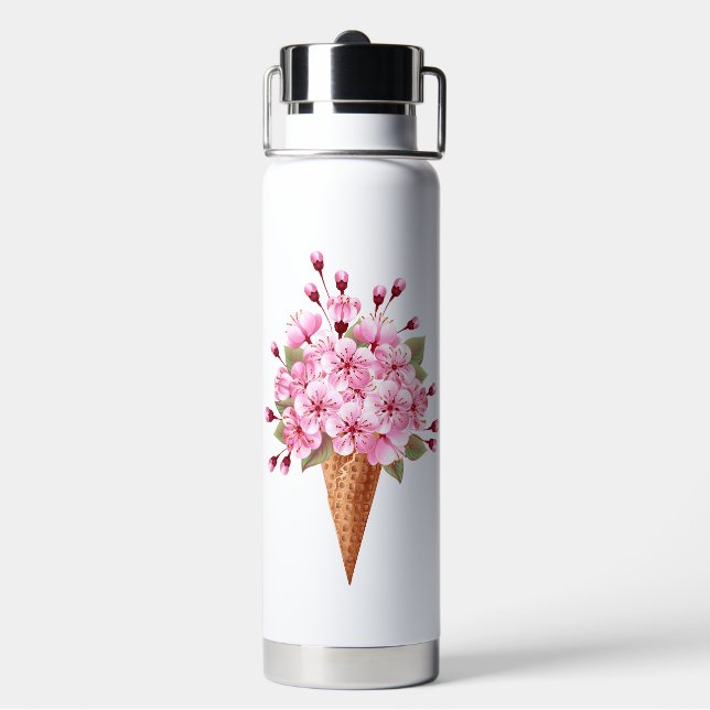 Pink Sakura Ice Cream Waffle Cone Water Bottle (Back)
