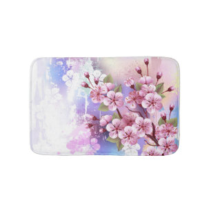 Pink Sakura on Painting Background Bath Mat