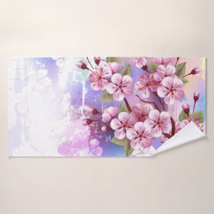Pink Sakura on Painting Background Bath Towel