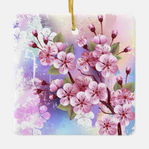 Pink Sakura on Painting Background Ceramic Ornament