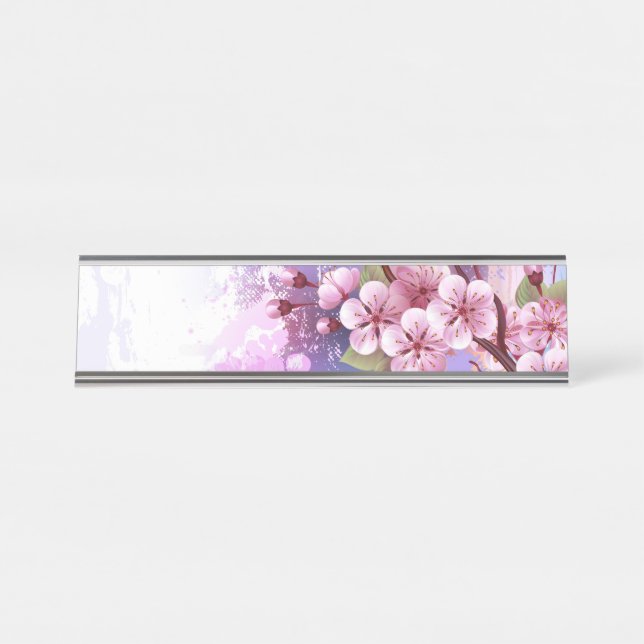 Pink Sakura on Painting Background Desk Name Plate (Front)