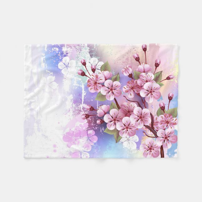 Pink Sakura on Painting Background Fleece Blanket (Front (Horizontal))
