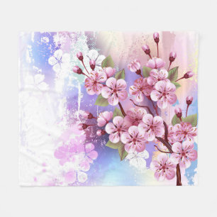 Pink Sakura on Painting Background Fleece Blanket