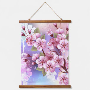 Pink Sakura on Painting Background Hanging Tapestry
