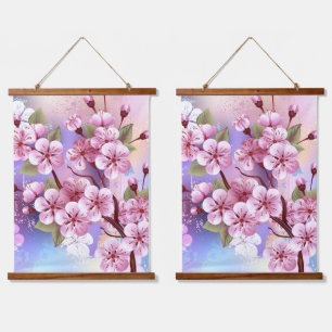 Pink Sakura on Painting Background Hanging Tapestry