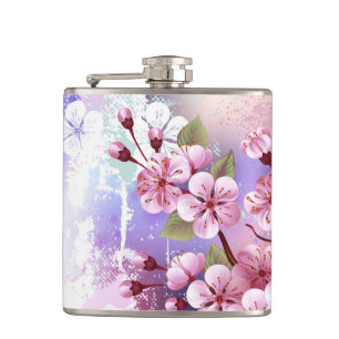 Pink Sakura on Painting Background Hip Flask