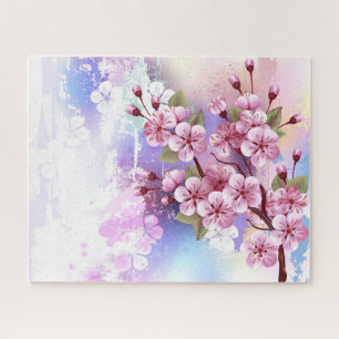 Pink Sakura on Painting Background Jigsaw Puzzle
