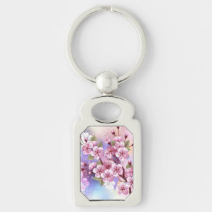 Pink Sakura on Painting Background Keychain
