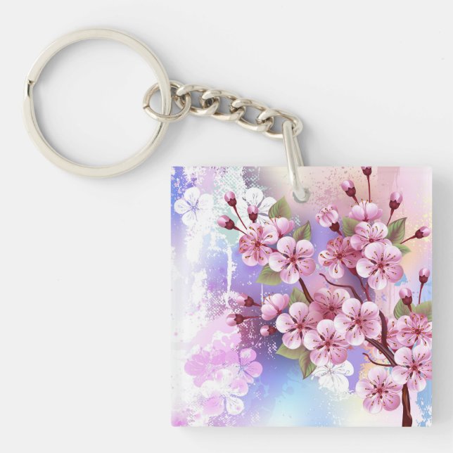Pink Sakura on Painting Background Keychain (Front)
